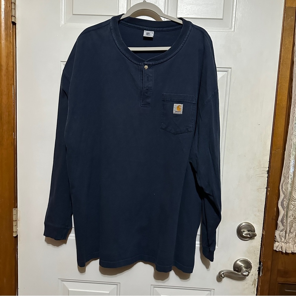 Vintage Carhartt‎ Men's Henley T-Shirt Navy Long Sleeve 100% Cotton Size 2XL